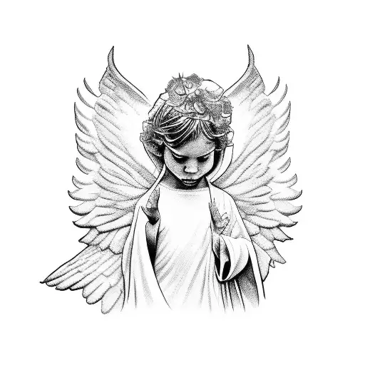 An Angel In A White Robe Who Protects A Big Child