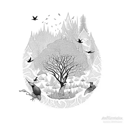 A Blackwork Design Of A Mystical Forest With European Gold Finches Hidden Among The Trees