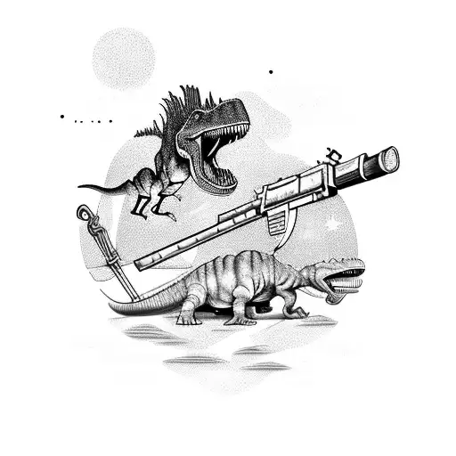 A Surreal Scene With Dinosaurs And Weapons Floating In A Cosmic Background