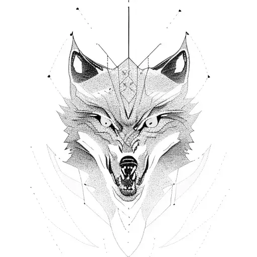 A Dotwork Tattoo Of A Lone Wolf Standing Atop A Mountain Peak