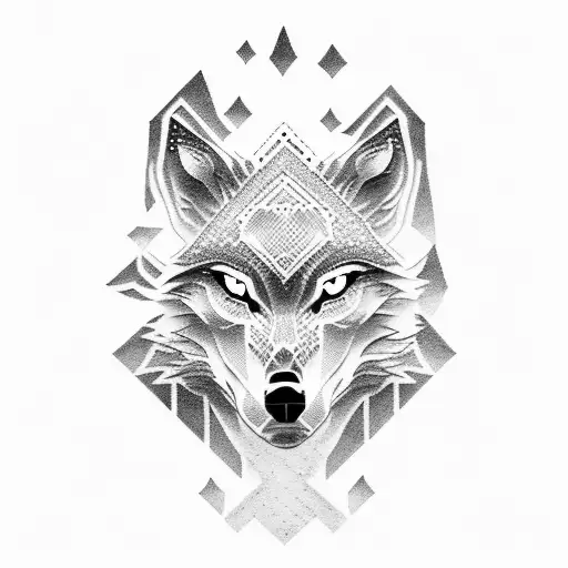 A Dotwork Tattoo Of A Lone Wolf Standing Atop A Mountain Peak