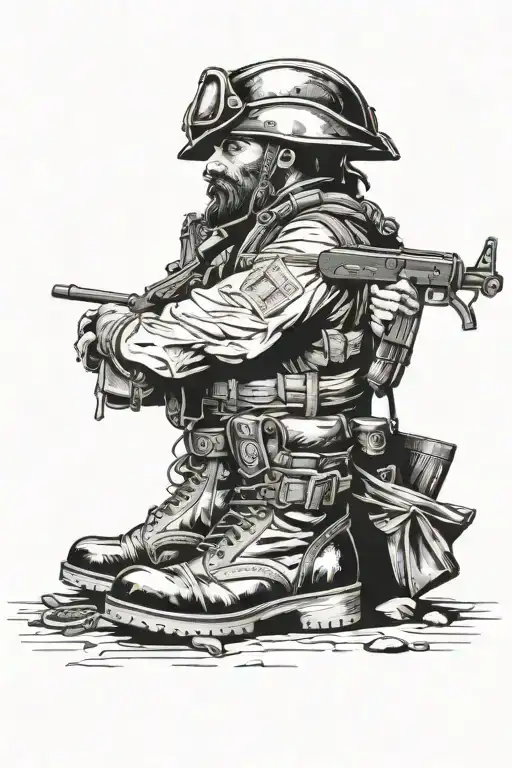 Battle Scene In Iraq With Boots Rifle Dog Tags And Helmet With Pirate Ship