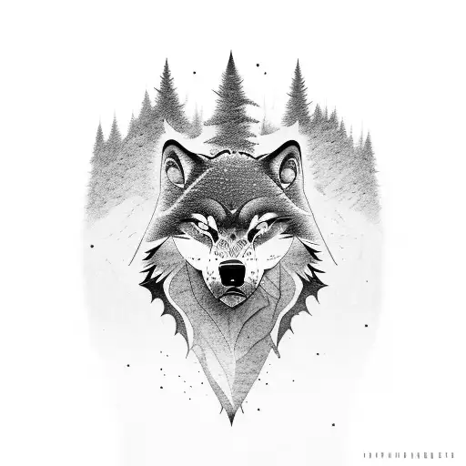 A Neotraditional Tattoo Of A Lone Wolf Standing Atop A Mountain Peak