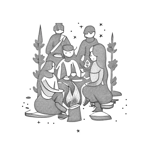 A Group Of Friends Sitting Around A Campfire With A Starry Night Sky Above