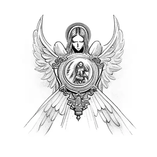 A Blackwork Tattoo Of A Guardian Angel Holding A Medal Of Saint Christopher