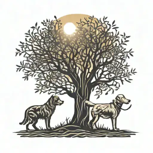 Willow Tree With Sun Coming Through And Dog And Cat Underneath