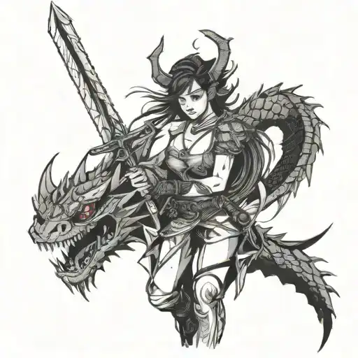 A Woman With Swords And In The Background A Dragon With Open Wings
