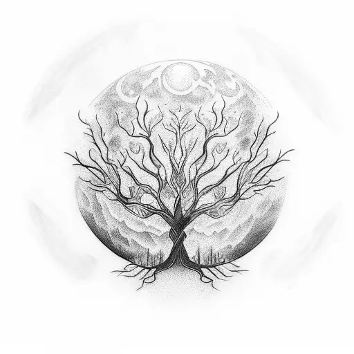 Tatoo Of A Tree Of Life Under A Full Moon Light And Mist