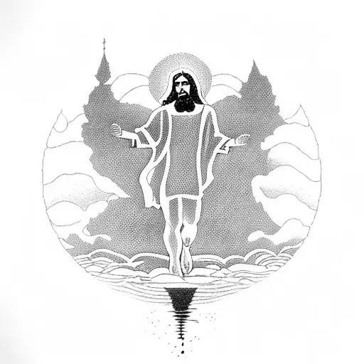 A Blackwork Tattoo Of Jesus Walking On Water