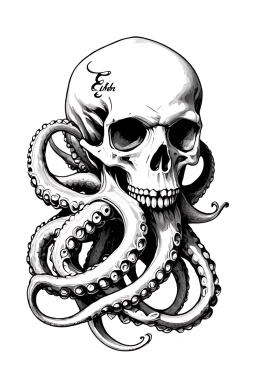 Nautical Skull And Kraken Wrapping Its Tentacles Spelling Ethen
