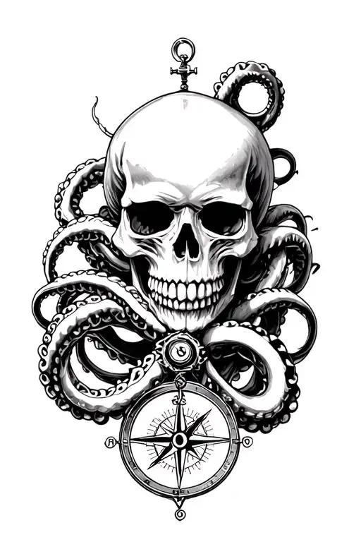 Nautical Skull And Kraken Wrapping Its Tentacles Around Anvhor And Compass