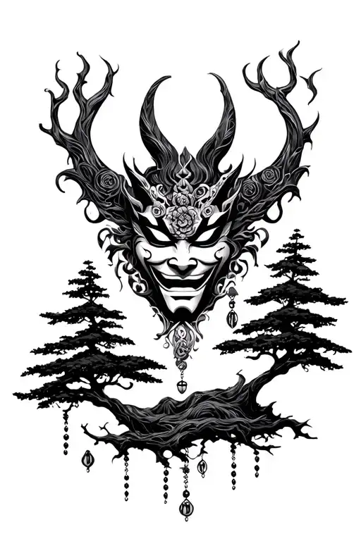 Hannya Mask Entwined With A Rosary And Trees From Below