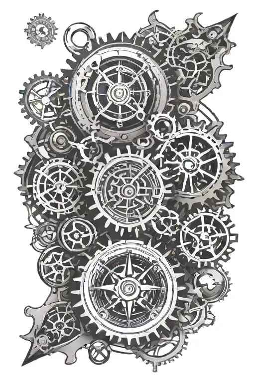 Steampunk Style Tattoo With Gears Interwined With Compass - Long Tattoo Suitable For Leg