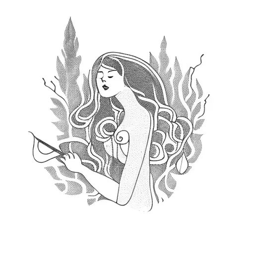 A Blackwork Tattoo Of A Mermaid Playing A Musical Instrument In A Serene Forest Setting