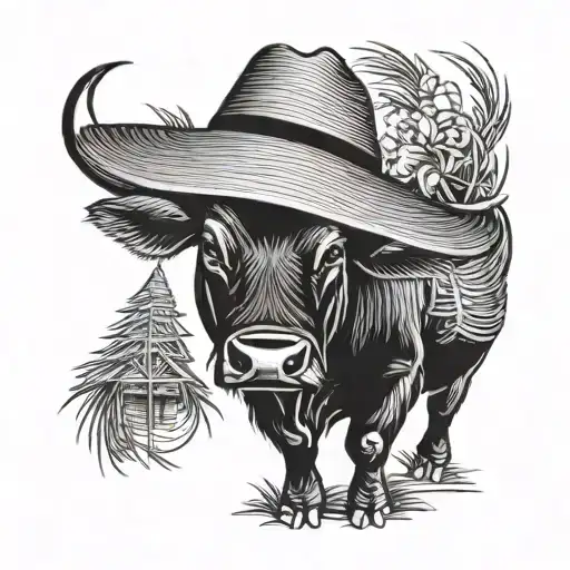 Vietnamese Water Buffalo With Straw Hat Farmer