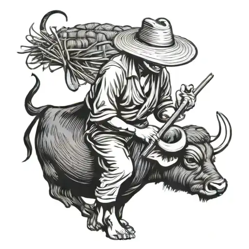 Vietnamese Water Buffalo With Straw Hat Farmer Playing The Flute