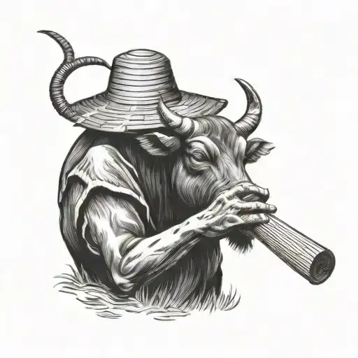 Vietnamese Water Buffalo With Straw Hat Farmer Playing The Flute