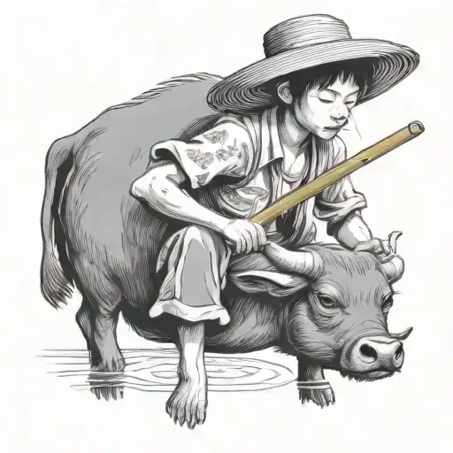 Straw Hat Child Farmer Playing Bamboo Flute Siting On Water Buffalo