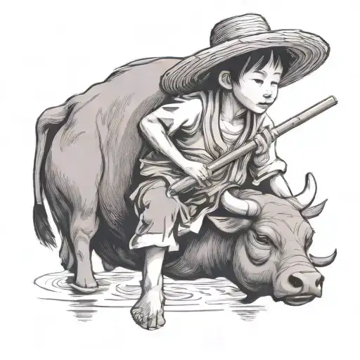 Straw Hat Child Farmer Playing Bamboo Flute Sitting On Water Buffalo
