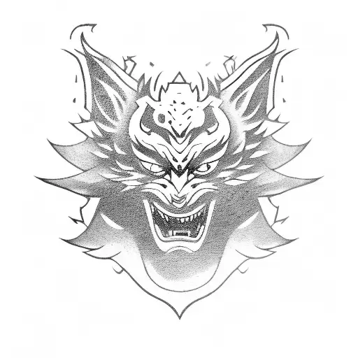 Half Of An Oni Mask And Half Of A Kitsune Mask Separated By A Katana Going Down Through The Masks