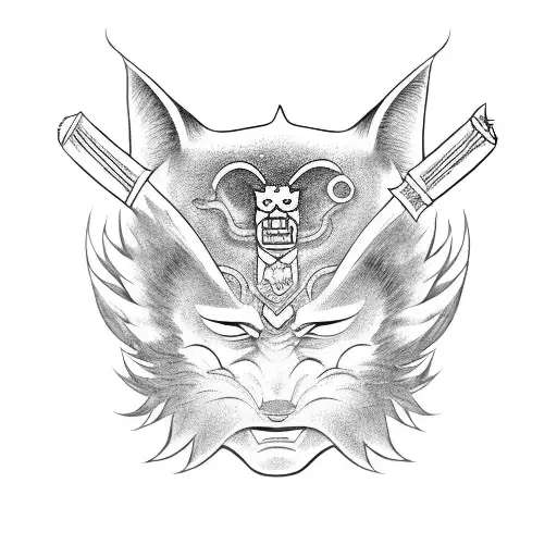 A Kitsune Mask And An Oni Mask Being Separated By A Katana