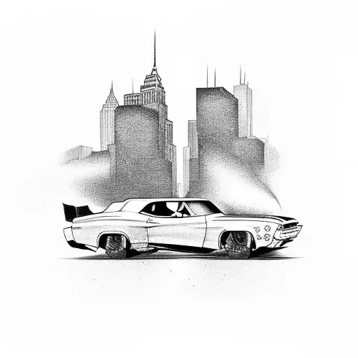 A Tattoo Of A Muscle Car Racing Through The Streets Of New York City In A Blackwork Style