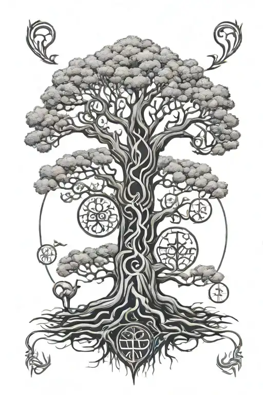 Yggdrasil Tree With Runes And Valkyrie Warrior Woman