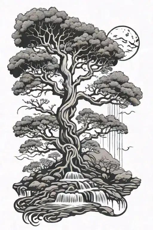 Yggdrasil Tree With Waterfall And Night Skye