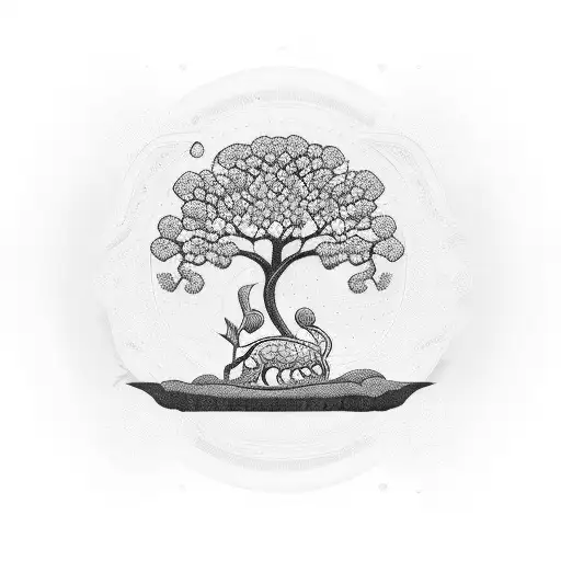 An Intricate Blackwork Tattoo Of A Money Tree Surrounded By Serene Animals