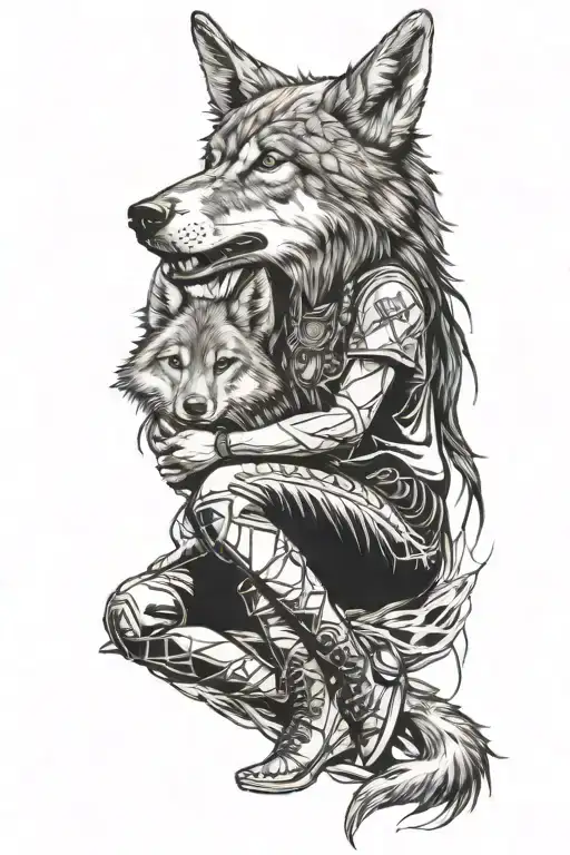 Woman Apache And Wolf Child Sitting Alone