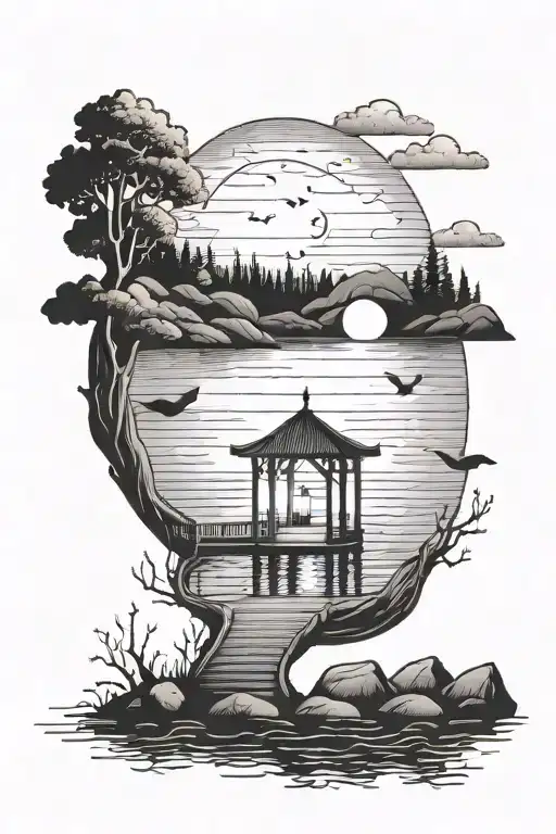 The Moon Illuminates The Lake And The Small Pier