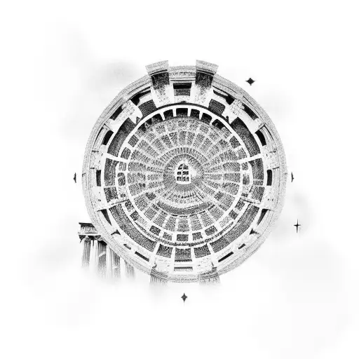 A Roman Colosseum With Philosophical Symbols Incorporated Into The Architecture