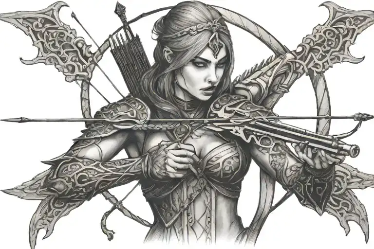 Gothic Archer Shooting Arrows On Top Of Snake