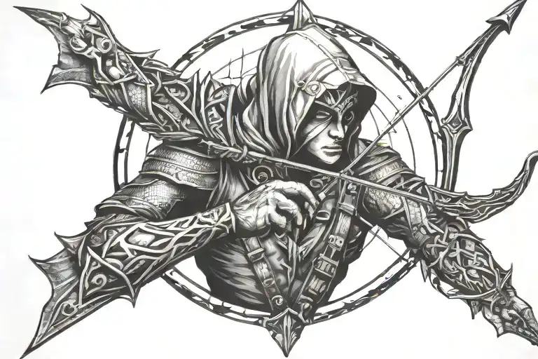 Gothic Archer Shooting Arrows On Top Of Snake