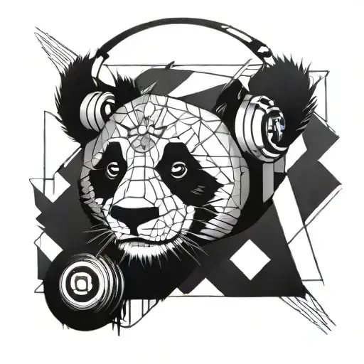 Panda With Dj Headphones On Black And White With Geometric Shapes