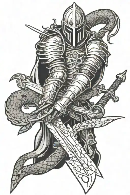 Crusader Holding Sword Stabbing Snake Wrapped Around Sword