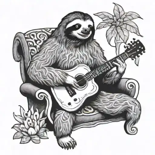 A Sloth Playing A Guitar On A Cozy Couch Surrounded By Food