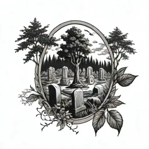 Forest Cemetery Scene With Tombstones