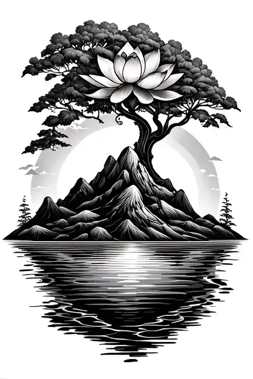 Mountain Range Sunrise Water Lotus Flower Life Tree