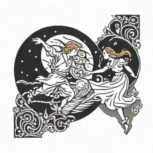 Peter And Wendy Dancing In Front Of Moon Surrounded