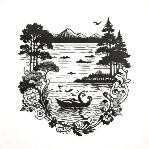 A Detailed Blackwork Tattoo Of A Serene Lake Scene With Animals And Music Notes Intertwined