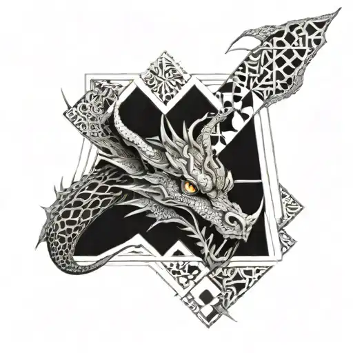 Realistic Dragon Face Surrounded By Geometric Patterns