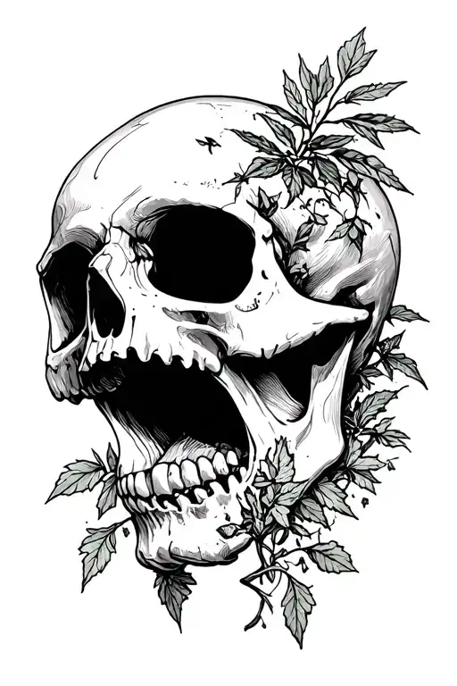Skull With Open Mouth And Herbs-of-grace Growing Out Of It