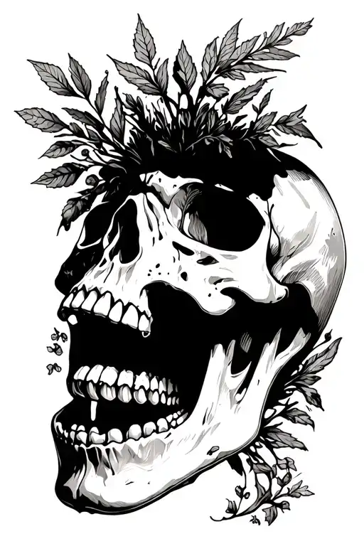 Skull With Open Mouth And Herbs-of-grace Growing Out Of It