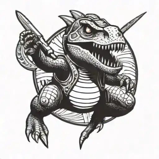 Cartoon Dinosaur With Astronaut Helmet On A Planet With A Trident And A Longsword