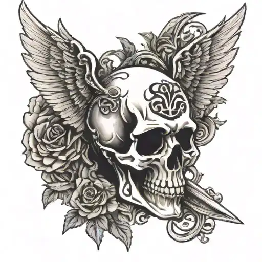 Skull With Wings And Sword With Initials A E