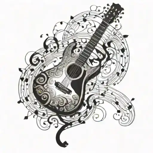 A Guitar With Intricate Details And Musical Notes Swirling Around It