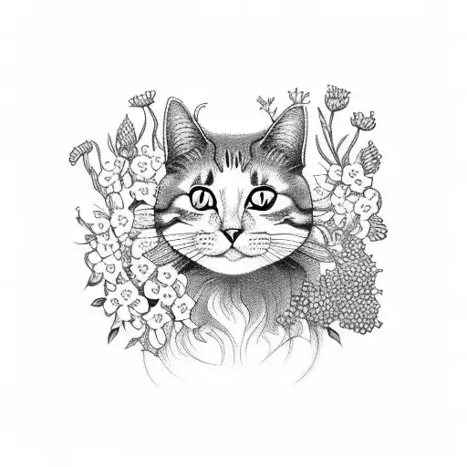 Cat With Wildflowers And Nursing And Berries