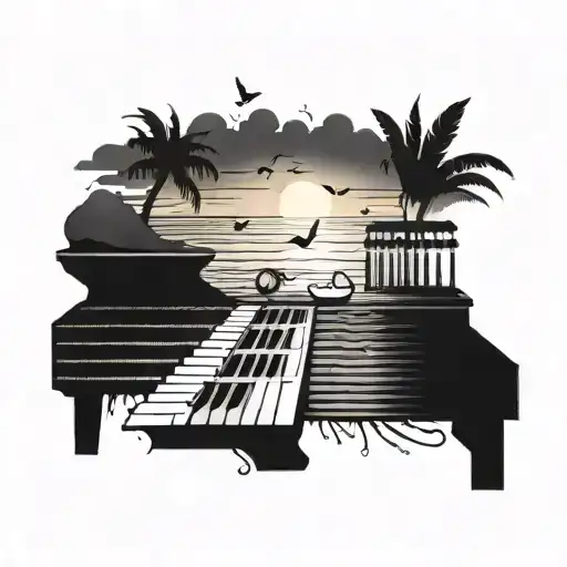 Incorporate A Keyboard And Music Notes Into A Sunset Scene On Ibiza
