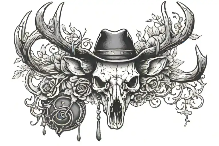 Front On View Of A Black Stencil Deer Skull With A Cowboy Hat Hung On One Antler